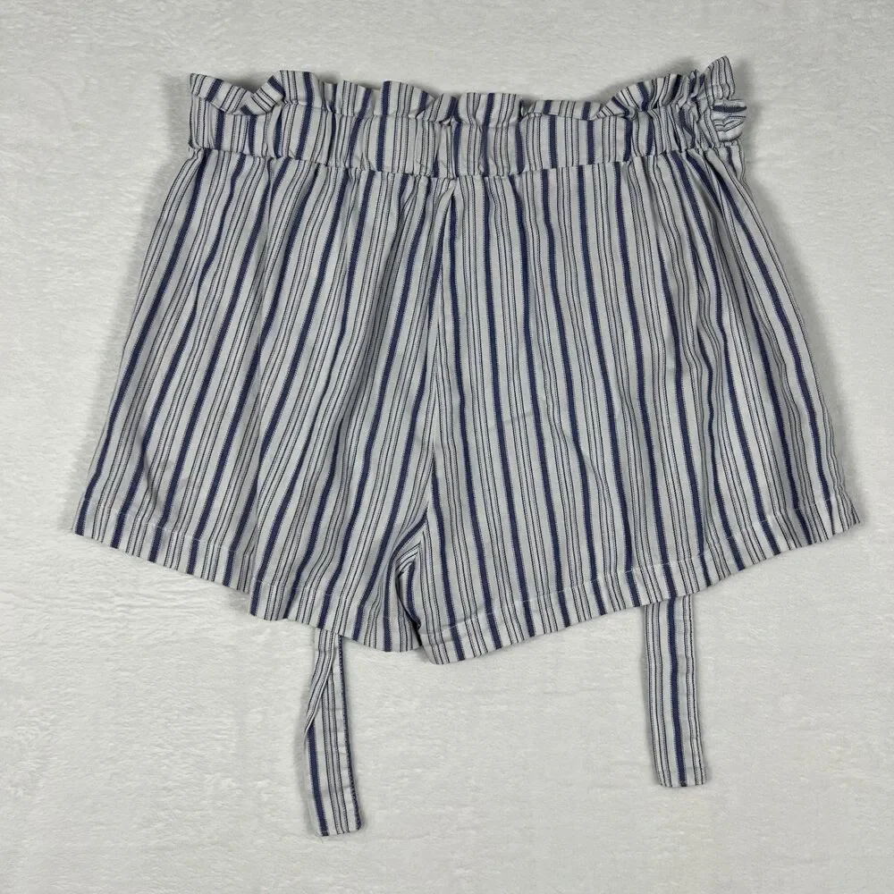 Hot Kiss Women's Shorts Size M White Navy Striped Cotton Paperbag Waist Tie